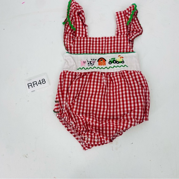 Marie Nicole Clothing Gingham Farm Animal Embroidered Romper Red White Ruffle - Picture 2 of 8